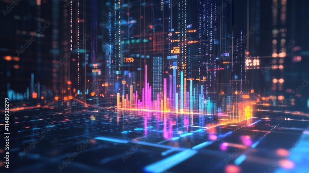 Poster vibrant data visualization with colorful bar graphs and neon light effects representing modern techn