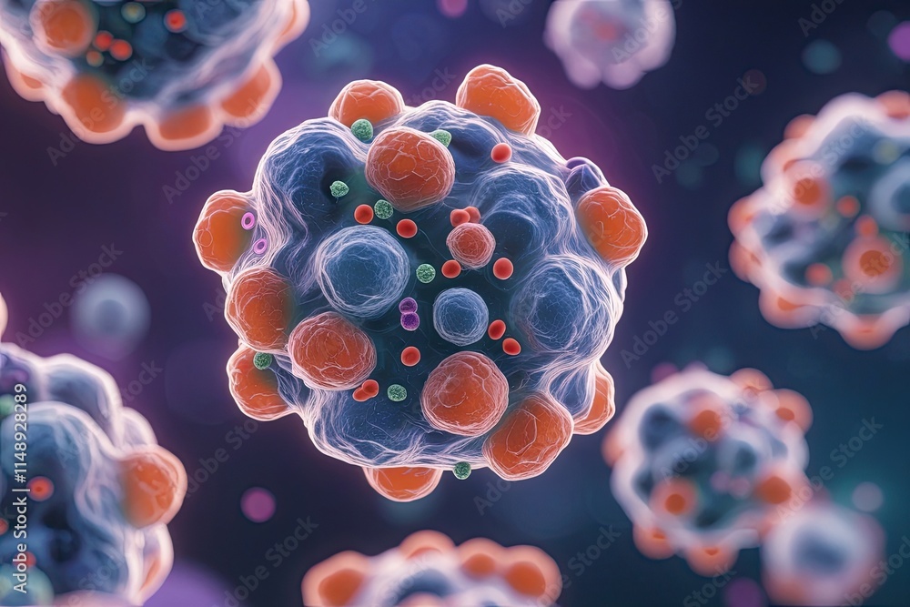 Poster 3d rendering of cellular clusters and stem cells in microscopic biological research