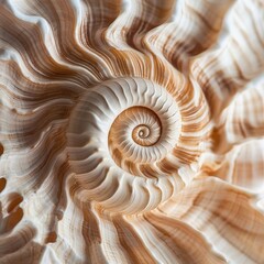 A detailed view of a beautifully patterned seashell with a coiled spiral structure and colors