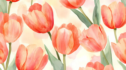 Obraz premium Watercolor tulip whispers: a seamless pattern of delicate, painterly tulips in a spring-inspired palette. Threnody. Illustration