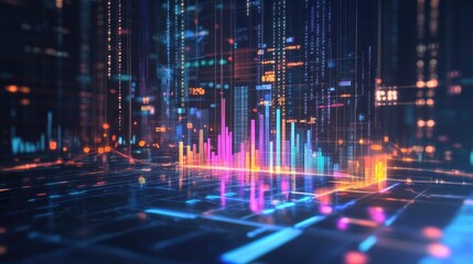 Vibrant Data Visualization with Colorful Bar Graphs and Neon Light Effects Representing Modern Technology and Digital Analytics in a Futuristic Environment