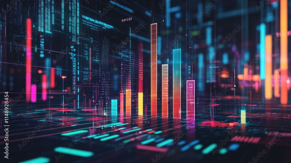 Poster abstract digital financial data visualization with colorful bar graphs, glowing lines, and futuristi