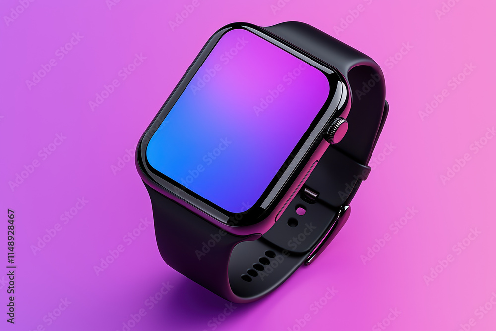 Poster close up of modern smartwatch with vibrant gradient display, showcasing sleek design and advanced te