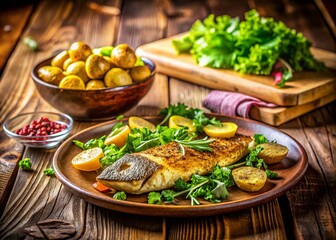 Delicious Baked Fish with Roasted Potatoes & Fresh Salad - Tilt-Shift Photography