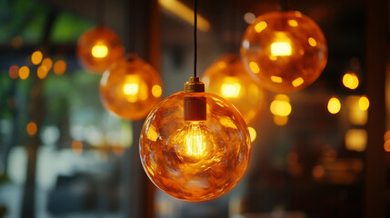  "Warm Glow: Close-Up of Hanging Orange Lightbulbs in a Café or Restaurant"

