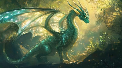 A majestic teal dragon with iridescent wings stands in a sun-dappled forest clearing.