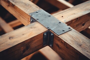 Framed construction showcasing close up wooden floor trusses with steel connectors