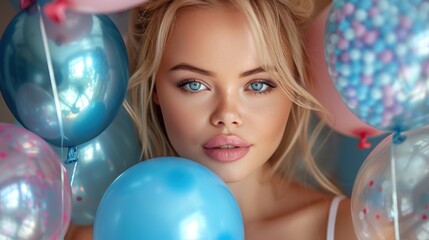 Fototapeta premium Close-up Portrait of a Young Woman Surrounded by Vibrant Blue and Pink Balloons with Natural Makeup and Bright Blue Eyes Creating a Festive and Joyful Atmosphere