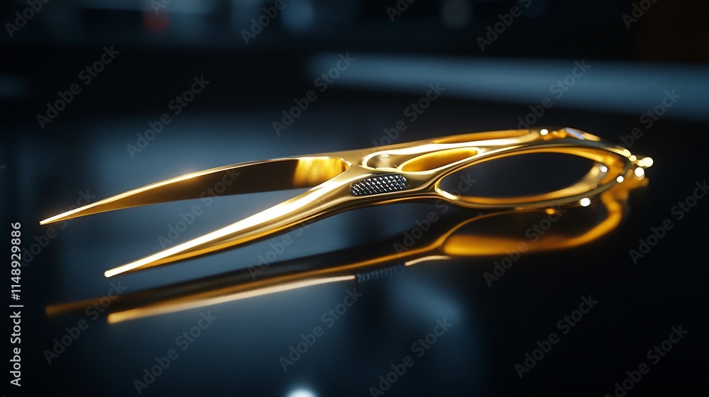 Poster a close-up of elegant golden scissors reflecting light on a dark surface.