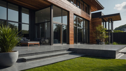 Modern home with expansive dark-framed windows, a dark gray stone patio with stairs, and a manicured lawn.  The house features dark wood siding.  Outdoor plants add to the landscaping.