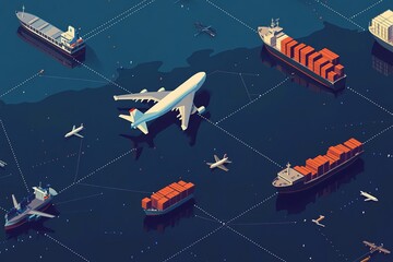 Fototapeta premium Professional 3D rendering of worldwide logistics with air freight, shipping, and warehouse