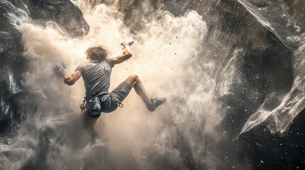 A rock climber falls, creating a cloud of dust as he descends a steep cliff face.
