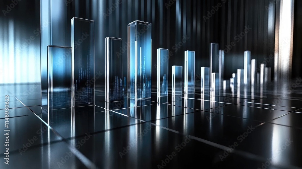 Poster abstract 3d render of transparent glass bar graphs on a futuristic digital background representing b