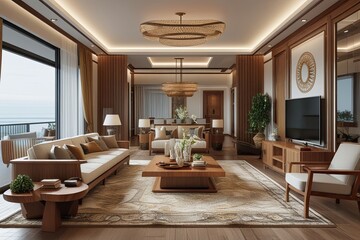 Modern 3D Rendering of a Luxurious Living Room with Wooden Furniture and Decor