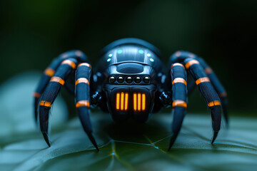 close up of futuristic robotic spider with glowing features and intricate design, resting on green leaf