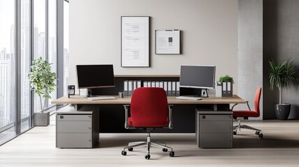 Fototapeta premium Modern Office Workspace with Sleek Design Featuring Desks, Monitors, Office Chairs, and Large Windows Offering Urban Cityscape Views