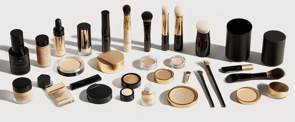 A collection of makeup products and brushes arranged aesthetically.