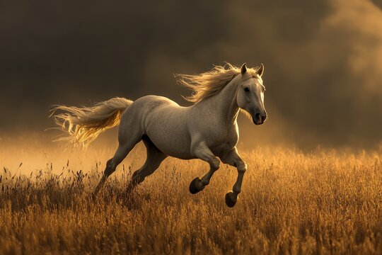 Galloping German riding pony in a field