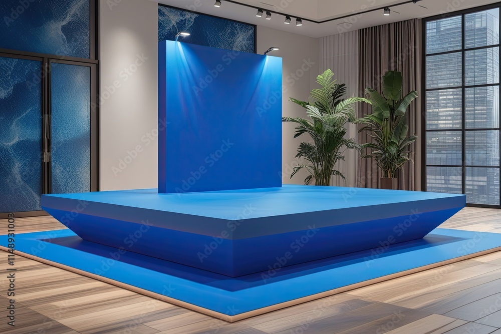 Poster vibrant blue three-dimensional platform backdrop with daring star-shaped base and sleek display setu