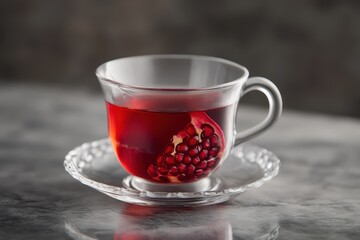 Glass cup of pomegranate tea on gray surface Classic Turkish herbal beverage