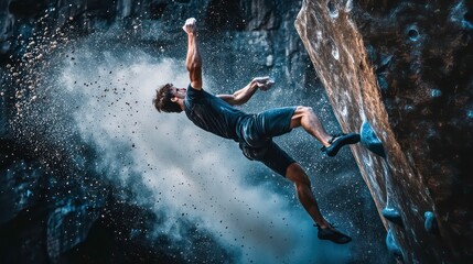 Male rock climber falling, dynamic pose, chalk dust, dark background.