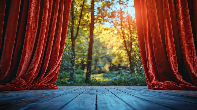 Red velvet curtains opening on enchanting forest scenery at sunset