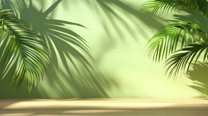 Abstract green background with shadow of palm leaves on the wall, empty table for product presentation