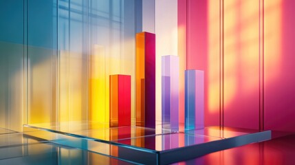 Colorful Glass Bar Charts with Dynamic Light Reflections in an Abstract Background Showcasing Financial Growth and Data Analysis Concepts