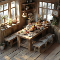cozy wooden kitchen setup with rustic table, delicious food, and warm lighting. Perfect for homely atmosphere