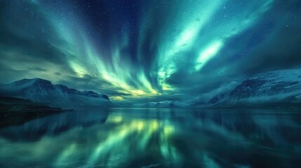 Majestic Aurora Borealis Illuminating Night Sky Over Tranquil Waters with Mountain Reflection in a Remote Arctic Landscape