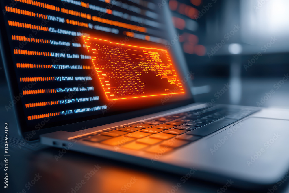 Poster close up of modern laptop displaying glowing digital data and code, creating futuristic atmosphere