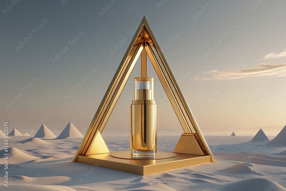 Poster luxurious gold product showcase in elegant triangular deserted 3d display setting