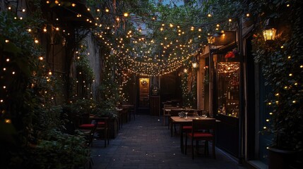 Romantic outdoor dining space adorned with twinkling fairy lights in a charming alley, surrounded by greenery and inviting ambiance for evening gatherings.