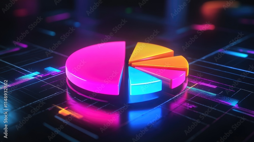 Poster vibrant digital pie chart with neon colors on a futuristic background representing data analysis and