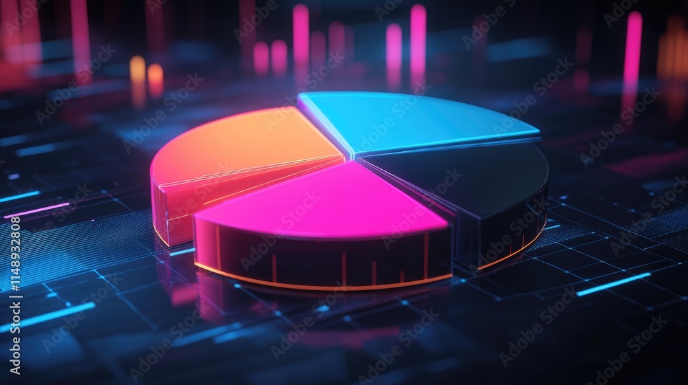Poster modern 3d pie chart displaying dynamic data representation in vibrant colors against a futuristic di