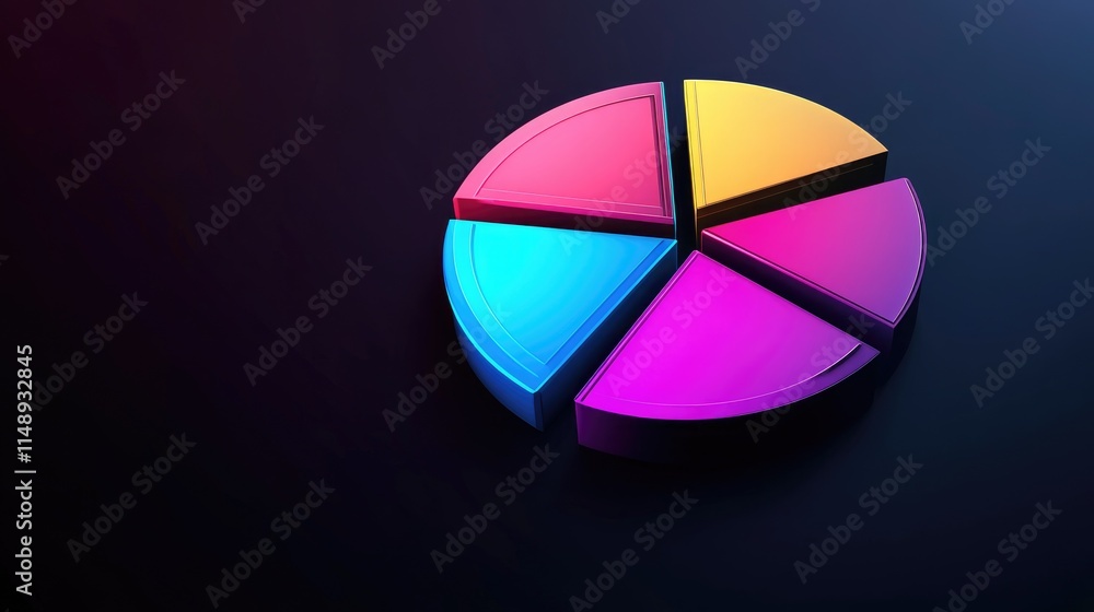 Poster colorful 3d pie chart illustration on dark background representing data visualization, business anal