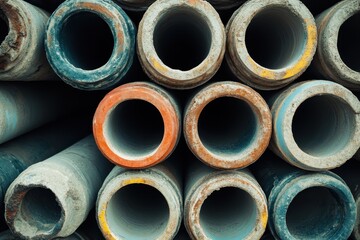 Hardware store pipes for construction Concrete and cement pipes stacked in a patterned background Asbestos pipes for irrigation
