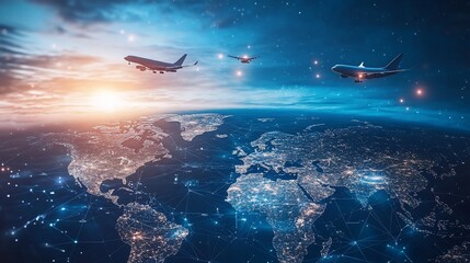 Fototapeta premium A digital representation of air travel over a connected globe at sunset.