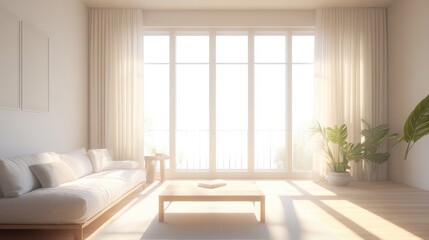 Bright and Airy Living Room with Large Windows, Soft Natural Light, Cozy Sofa, Minimalist Decor, Indoor Plants, and Wooden Furniture for Relaxing Atmosphere