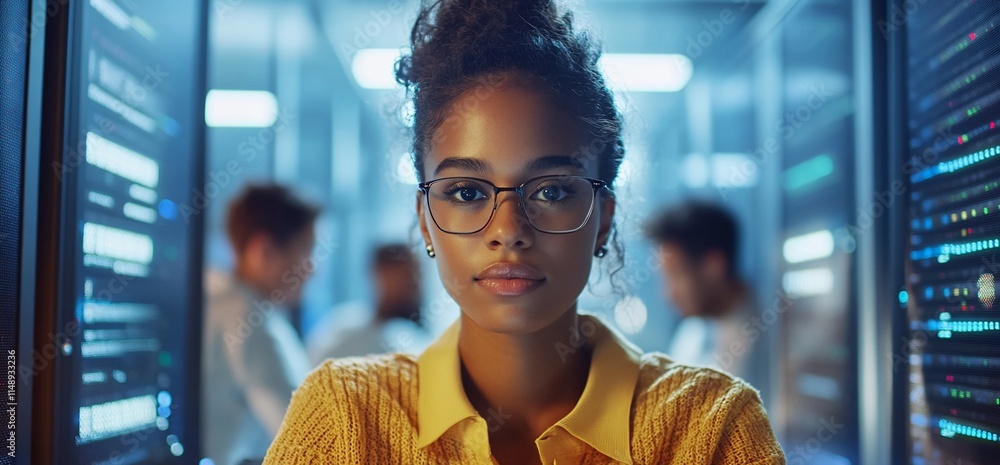 Poster a focused individual in a tech environment with servers in the background.