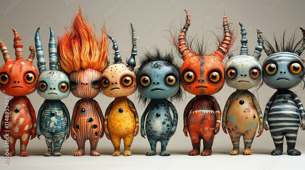 Poster a colorful lineup of whimsical, creature-like figures with unique features and expressions.