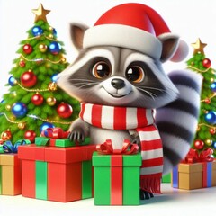illustration cartoon of a raccoon wearing a red santa hat, a red and green scarf with white stripes, Generative AI