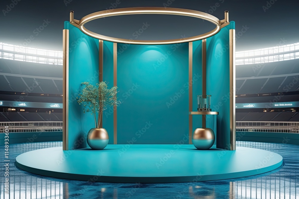 Poster Elegant Turquoise Backdrop for 3D Display with Smooth Circular Base and Refined Stage Design