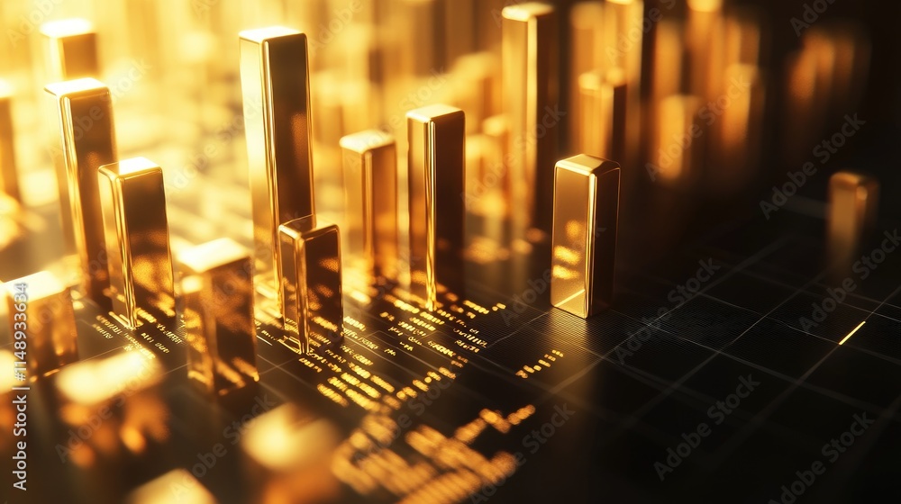 Poster abstract financial chart with golden bars and glowing elements representing data and statistics for 