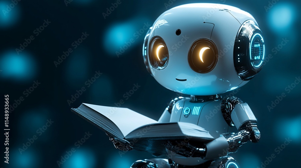 Poster a friendly robot reading a book, symbolizing knowledge and technology.