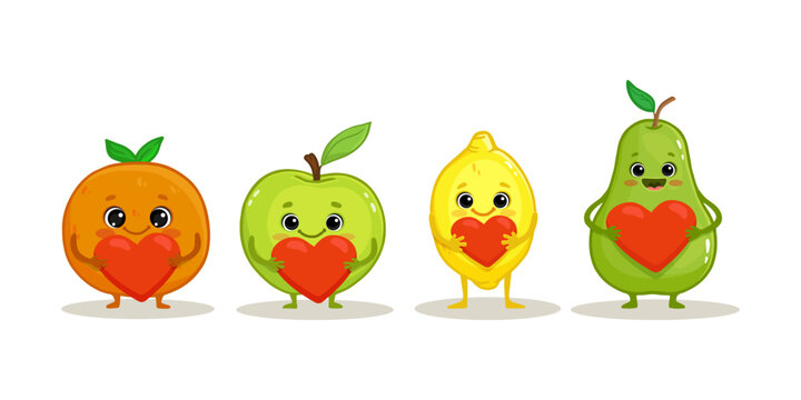 Cute cartoon fruits on a white. Funny fruits with heart. Orange, apple, lemon and pear in flat style. Vector illustration