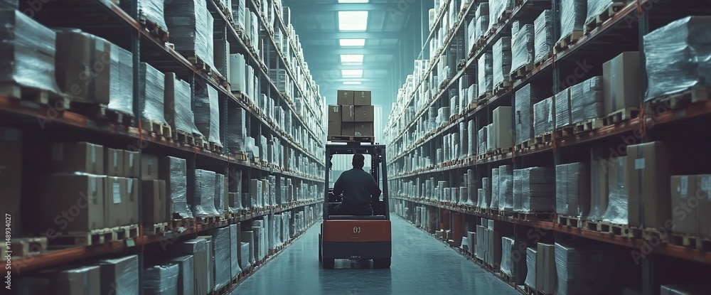 Poster a forklift operator navigating through a warehouse filled with stacked boxes.
