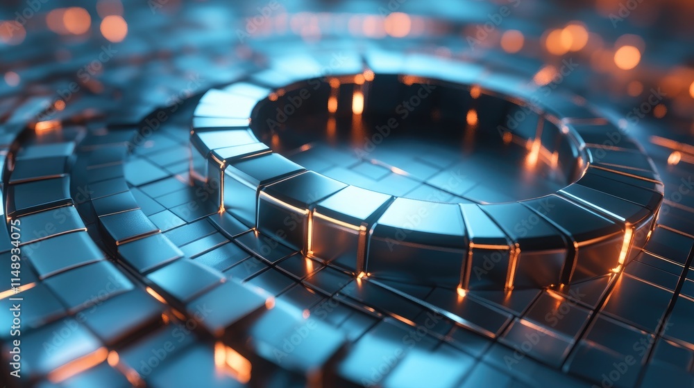 Poster abstract 3d composition of reflective metallic circles and blocks with glowing edges creating a futu