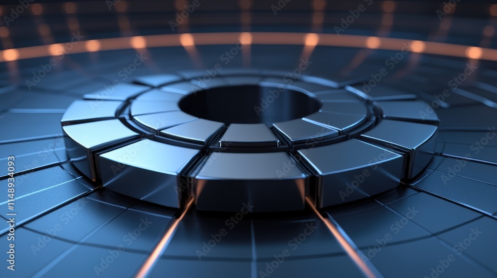 Poster abstract close-up of a futuristic metallic structure highlighting circular shapes with glowing lines