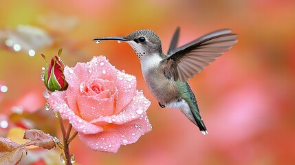 Fototapeta premium Hummingbird flies over pink rose with water drops on wings, while pink rose has water droplets on petals